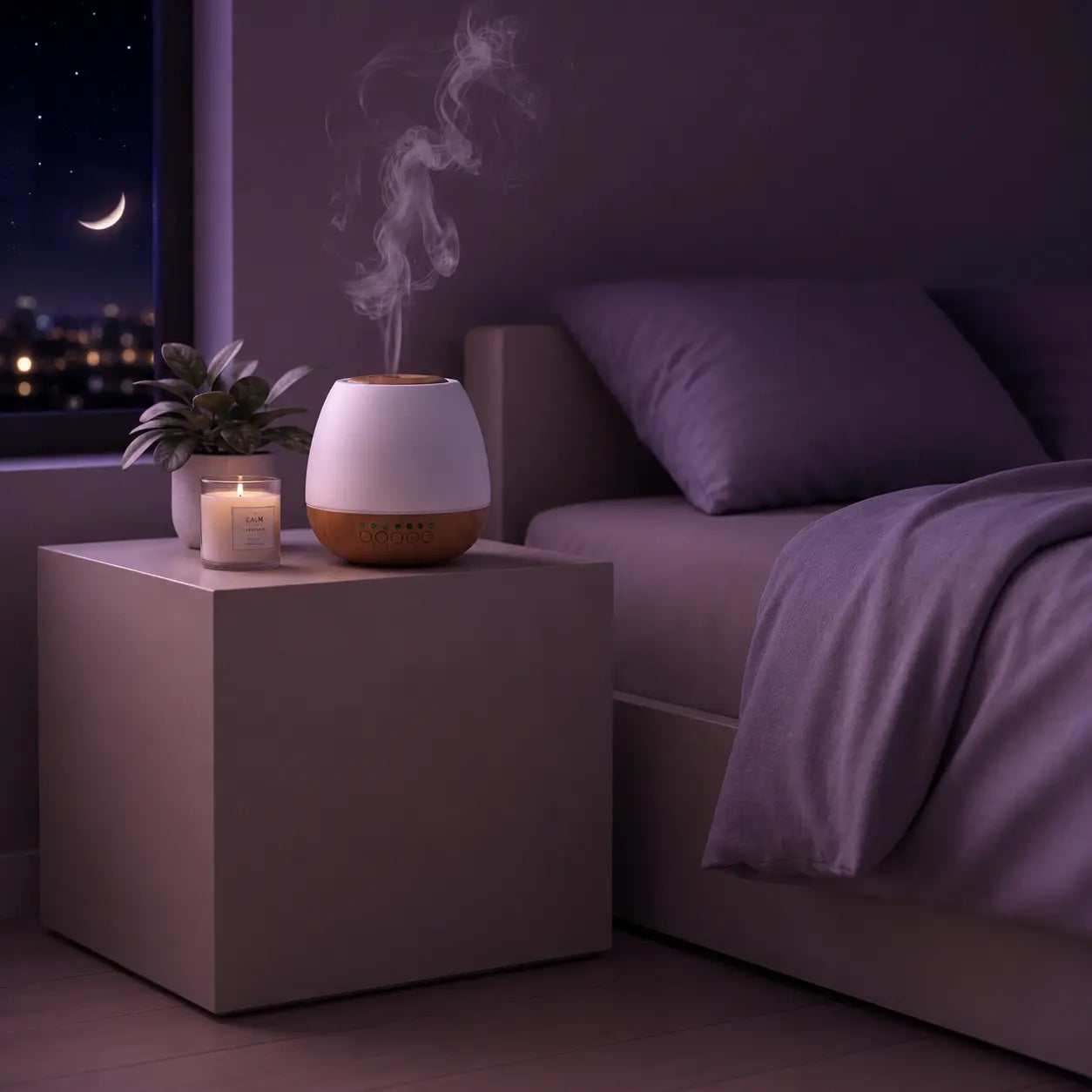 Deep Drift aromatherapy diffuser with relaxing mist beside a bed in a calm nighttime bedroom setting