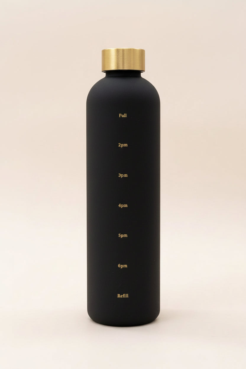 Reusable motivational water bottle with time markers designed for daily hydration goals