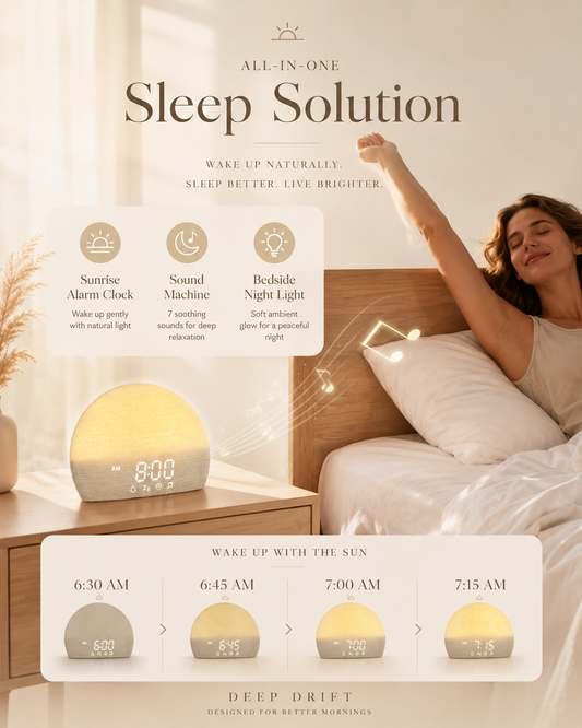 Sunrise alarm clock for natural wake-up routine beside a bed in a calming bedroom setting