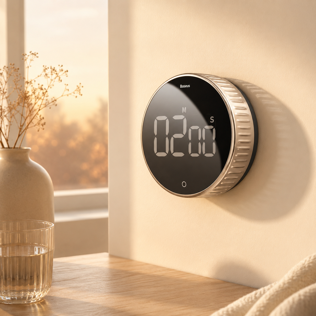 Deep Drift digital timer mounted on a wall in a minimalist workspace with calming decor