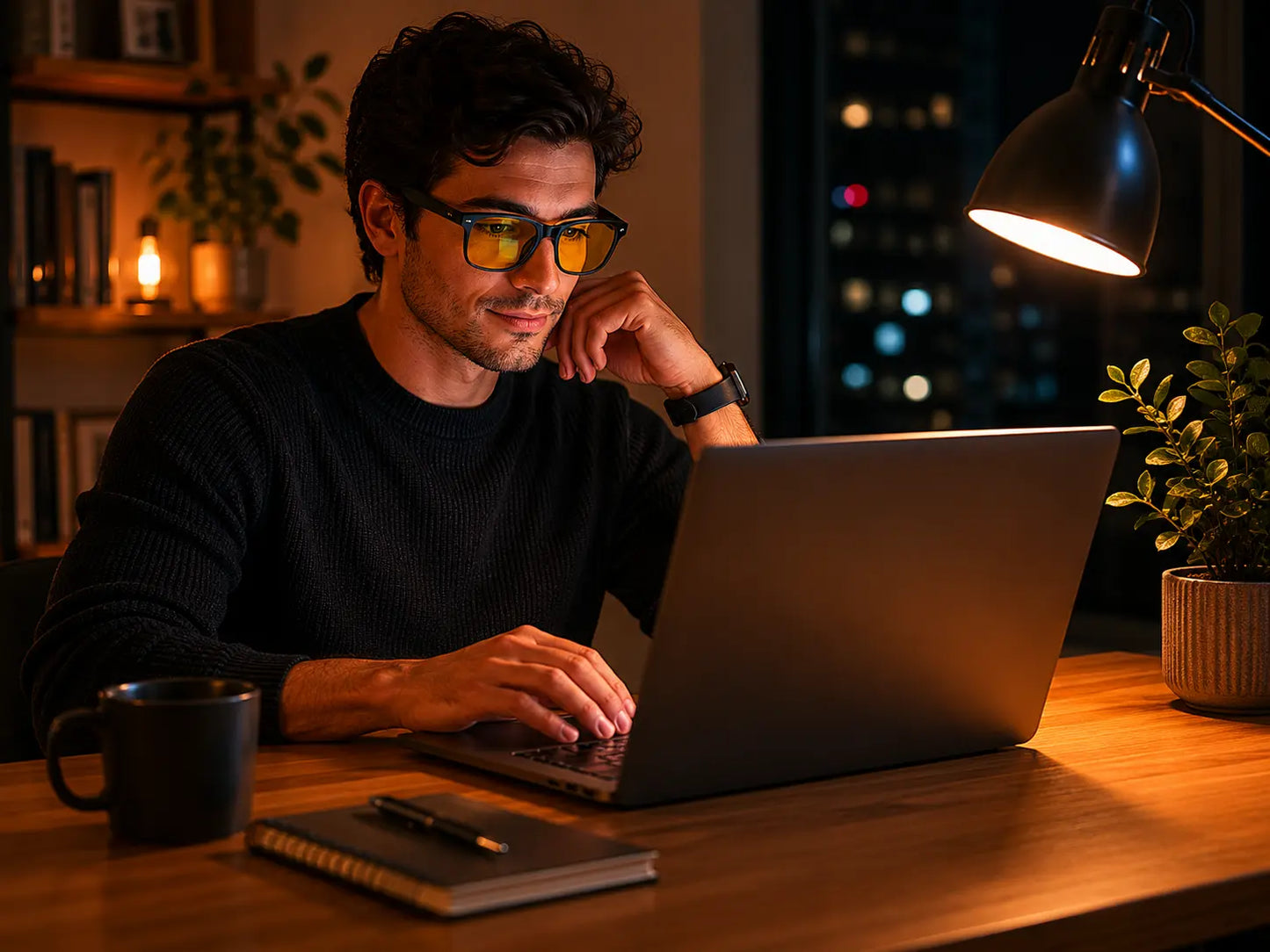 Man wearing Deep Drift Golden Hour blue light blocking sleep glasses while using a laptop at night in a warmly lit home office
