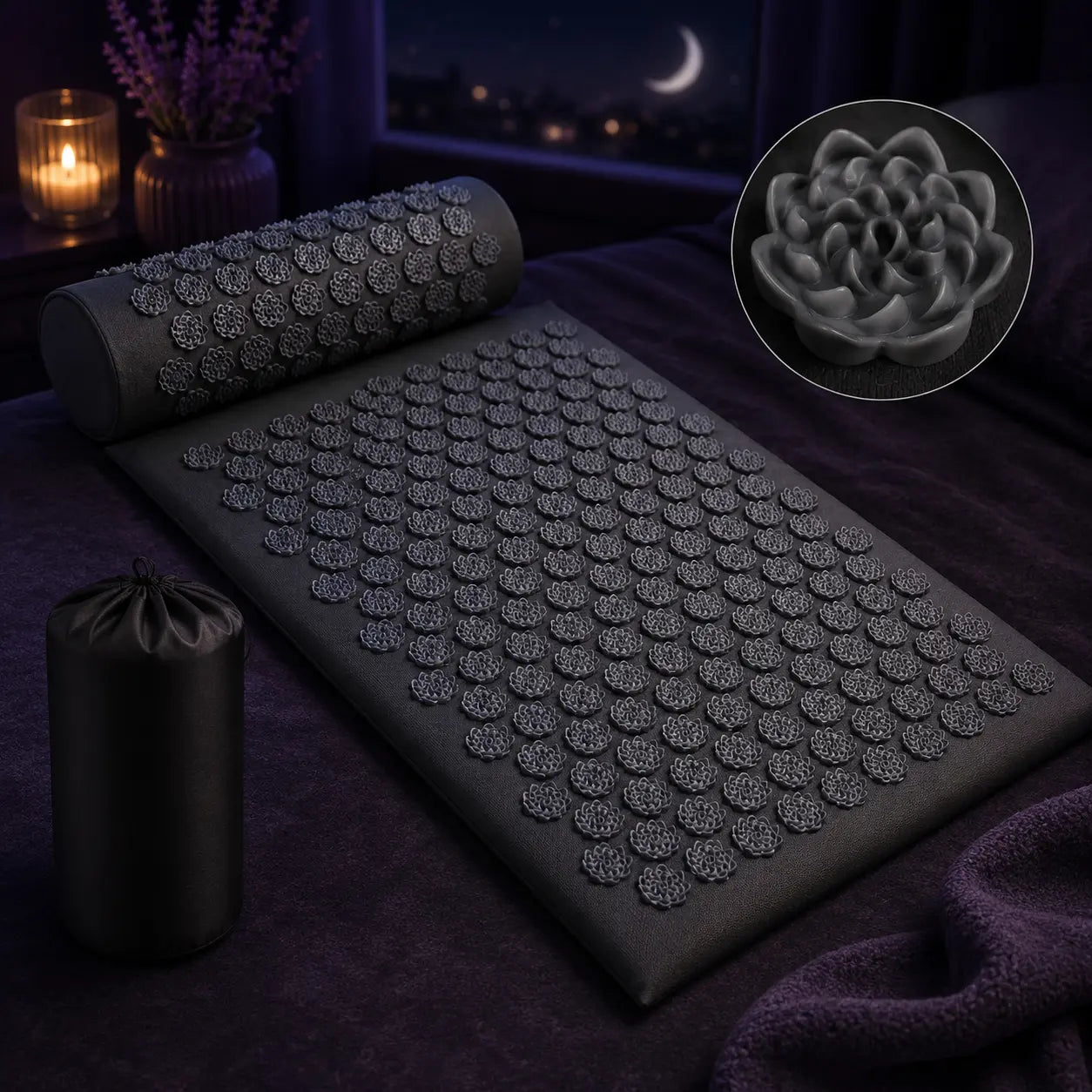 Deep Drift acupressure recovery mat and pillow set displayed in a calming nighttime bedroom setting with candlelight and moonlit ambience