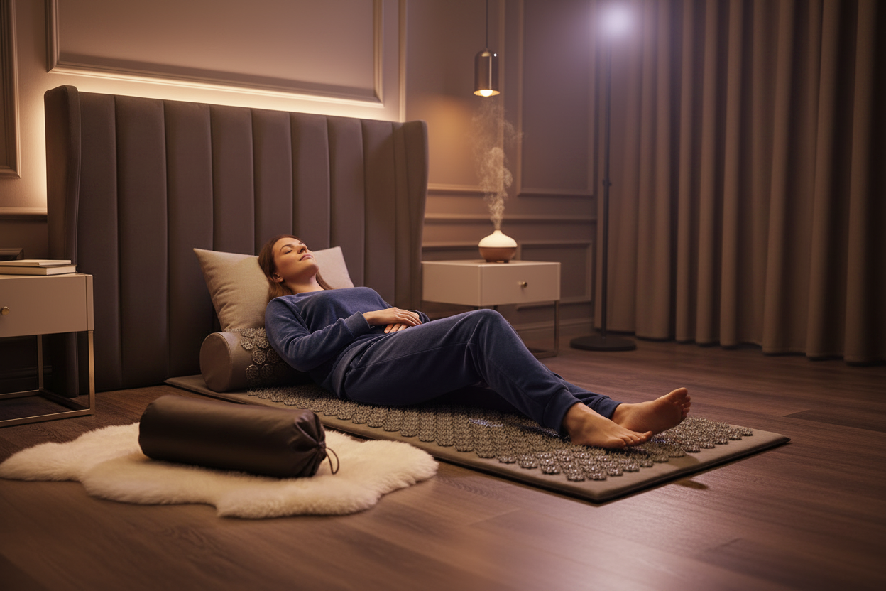 Person relaxing on a Deep Drift acupressure mat and pillow set for stress relief and recovery