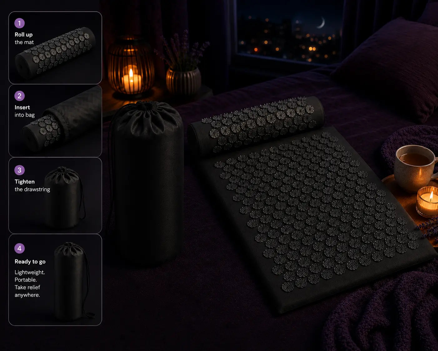 Deep Drift black acupressure mat and pillow with portable drawstring storage bag displayed in a cozy nighttime bedroom setting.