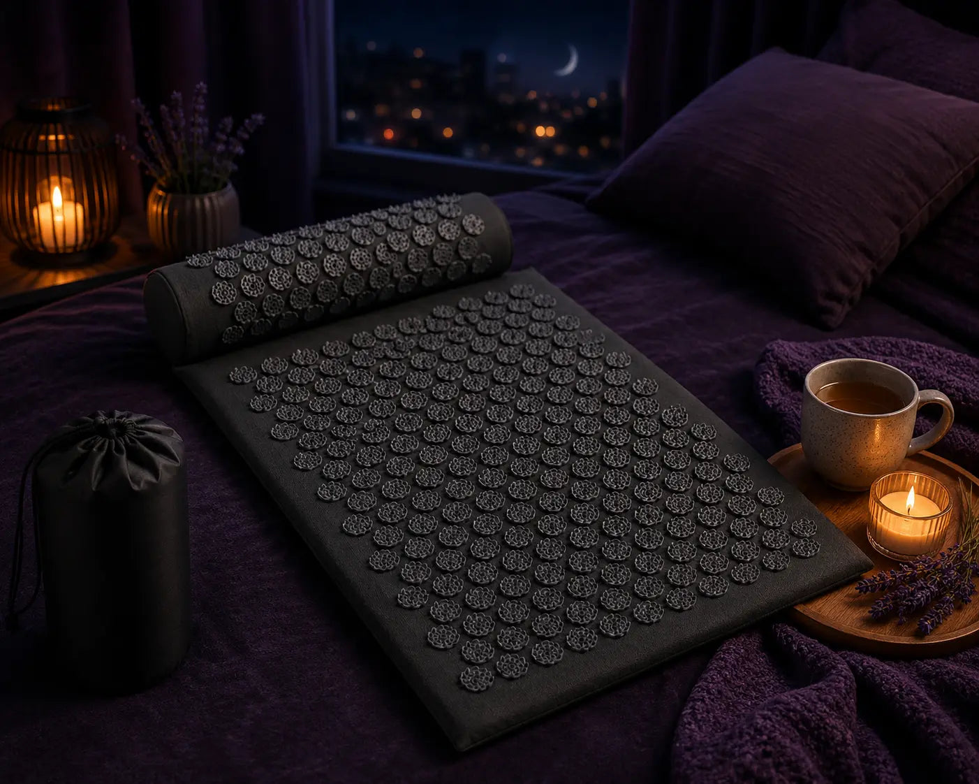 Deep Drift black acupressure mat and pillow set in a cozy dimly lit bedroom with candles, tea and lavender for a relaxing evening wellness routine.