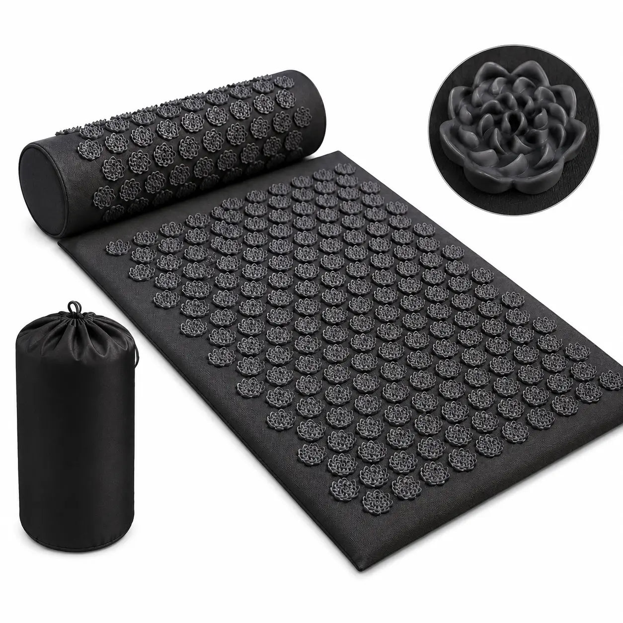 Black acupressure recovery mat set with matching pillow and carry bag displayed on a plain white background, featuring lotus-shaped pressure points designed for relaxation, stress relief, and muscle recovery.