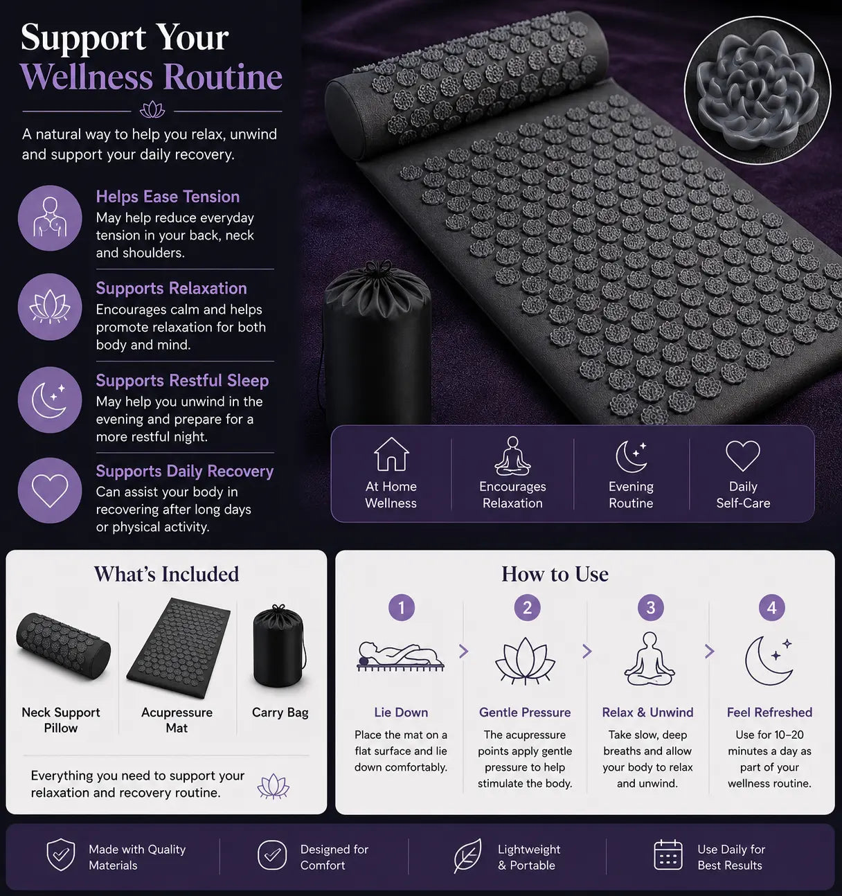 Deep Drift acupressure recovery mat set with neck support pillow and carry bag, designed to support relaxation, stress relief, evening wellness, and restful sleep.