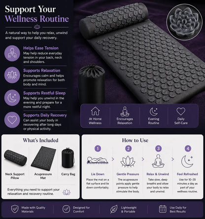 Deep Drift acupressure recovery mat set with neck support pillow and carry bag, designed to support relaxation, stress relief, evening wellness, and restful sleep.