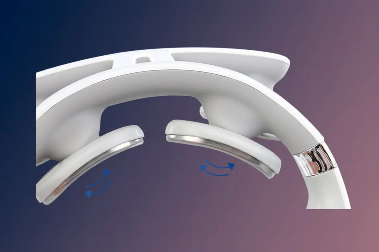 Close-up of the Deep Drift adjustable neck massager showing flexible rotating massage pads and ergonomic curved design on a blue and purple gradient background