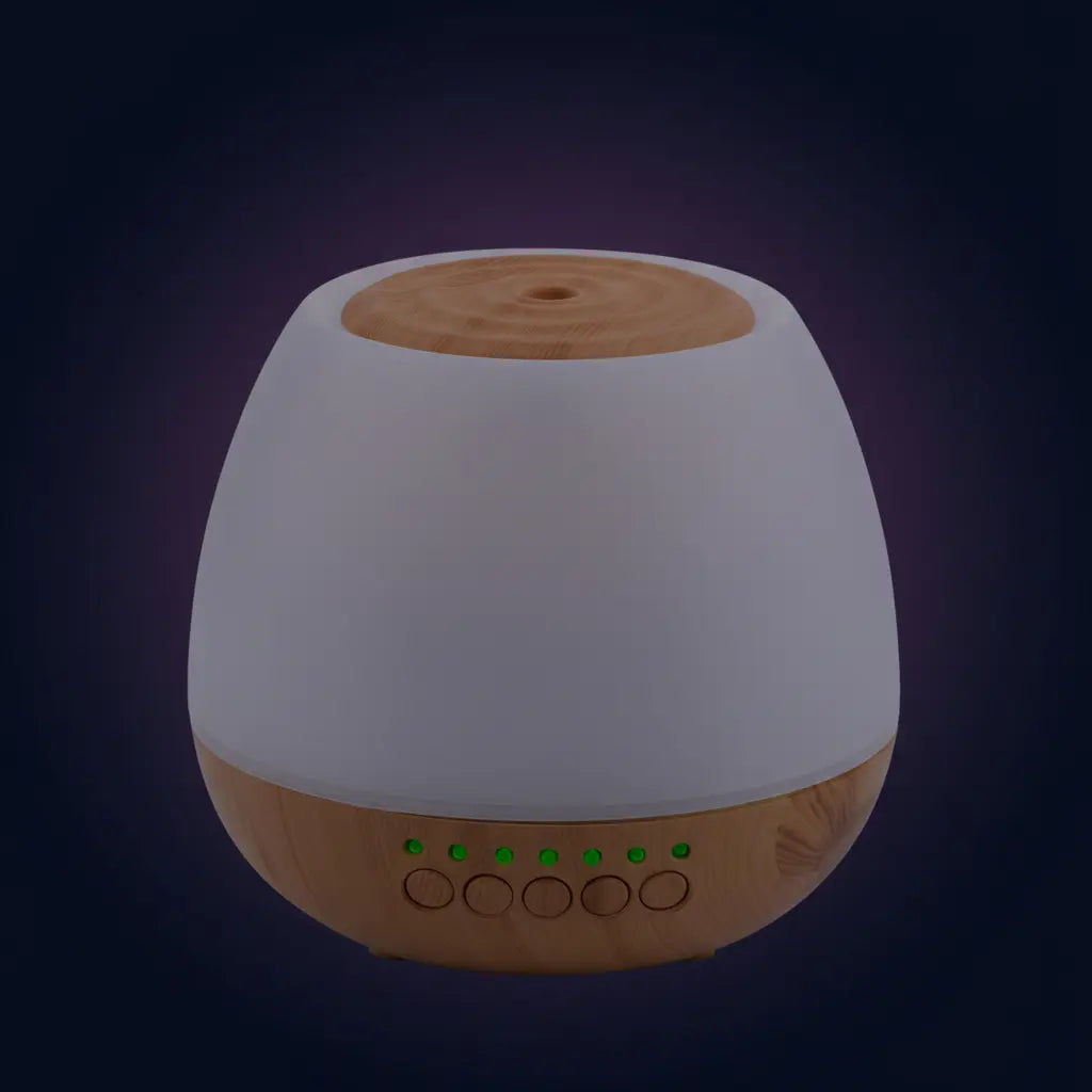 Deep Drift ultrasonic aroma diffuser with soft LED lighting and wood grain finish for relaxation, sleep and home wellness
