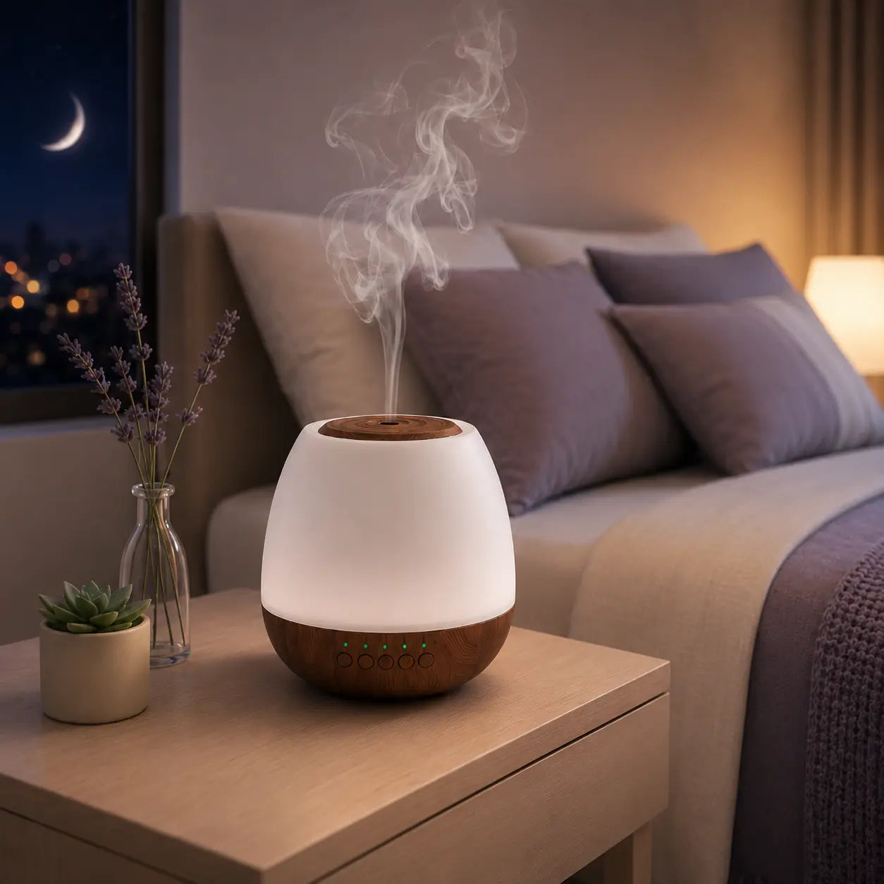 Deep Drift aroma diffuser releasing calming mist on a bedside table in a relaxing bedroom at nigh