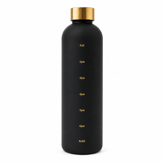 Black insulated water bottle with gold lid and hydration time markers on a plain white background.