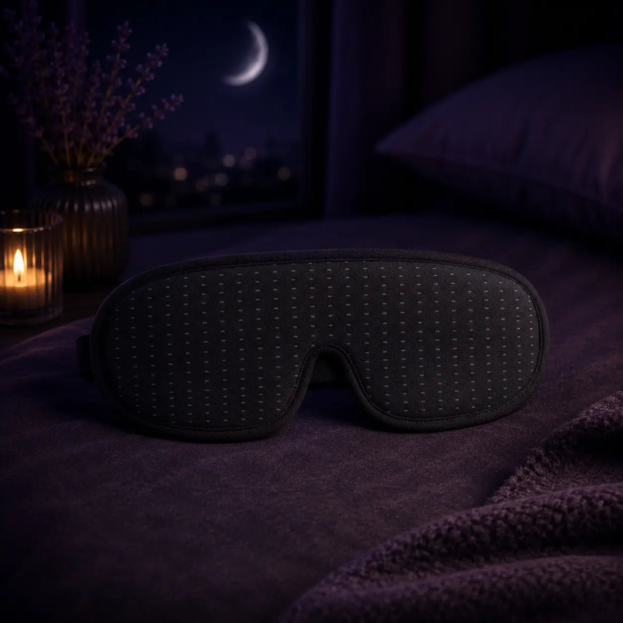 Deep Drift black sleep mask for light blocking and comfortable sleep displayed in a calming bedroom night setting with candlelight and moonlit background.