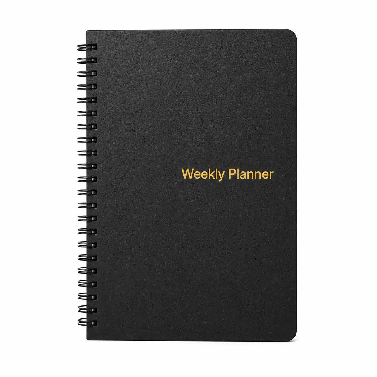 Black spiral bound weekly planner and productivity journal with gold lettering on a plain white background.