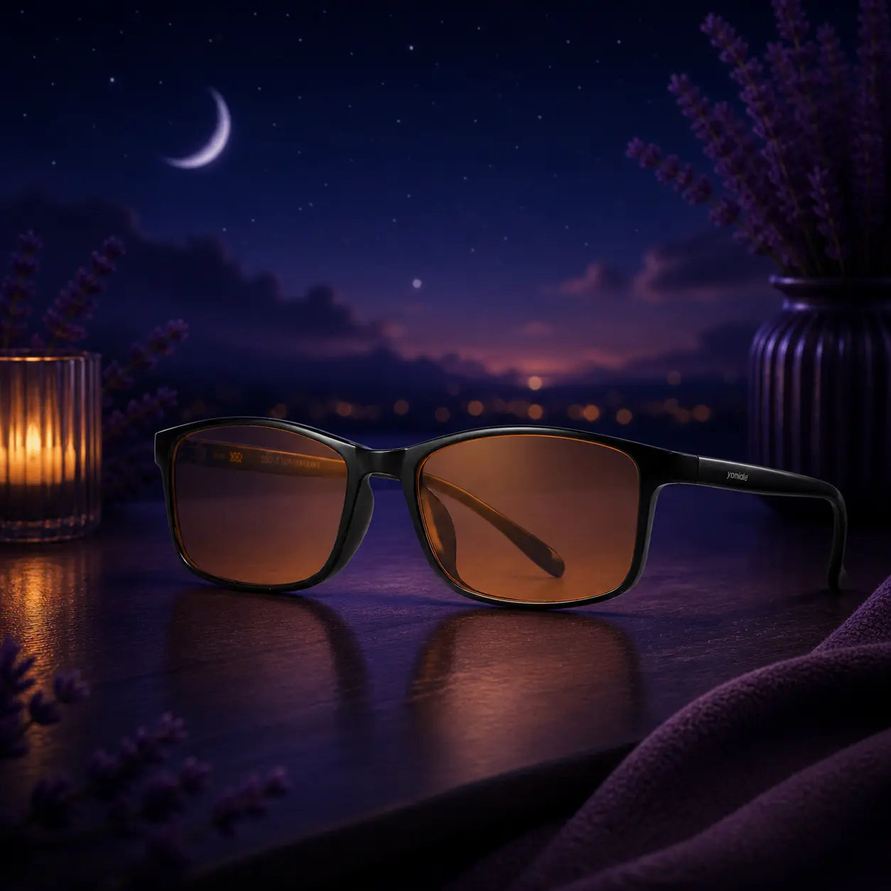Deep Drift blue light blocking sleep glasses in calming nighttime bedroom setting designed to reduce screen glare and support healthy sleep and evening relaxation routines