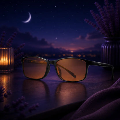 Deep Drift blue light blocking sleep glasses in calming nighttime bedroom setting designed to reduce screen glare and support healthy sleep and evening relaxation routines