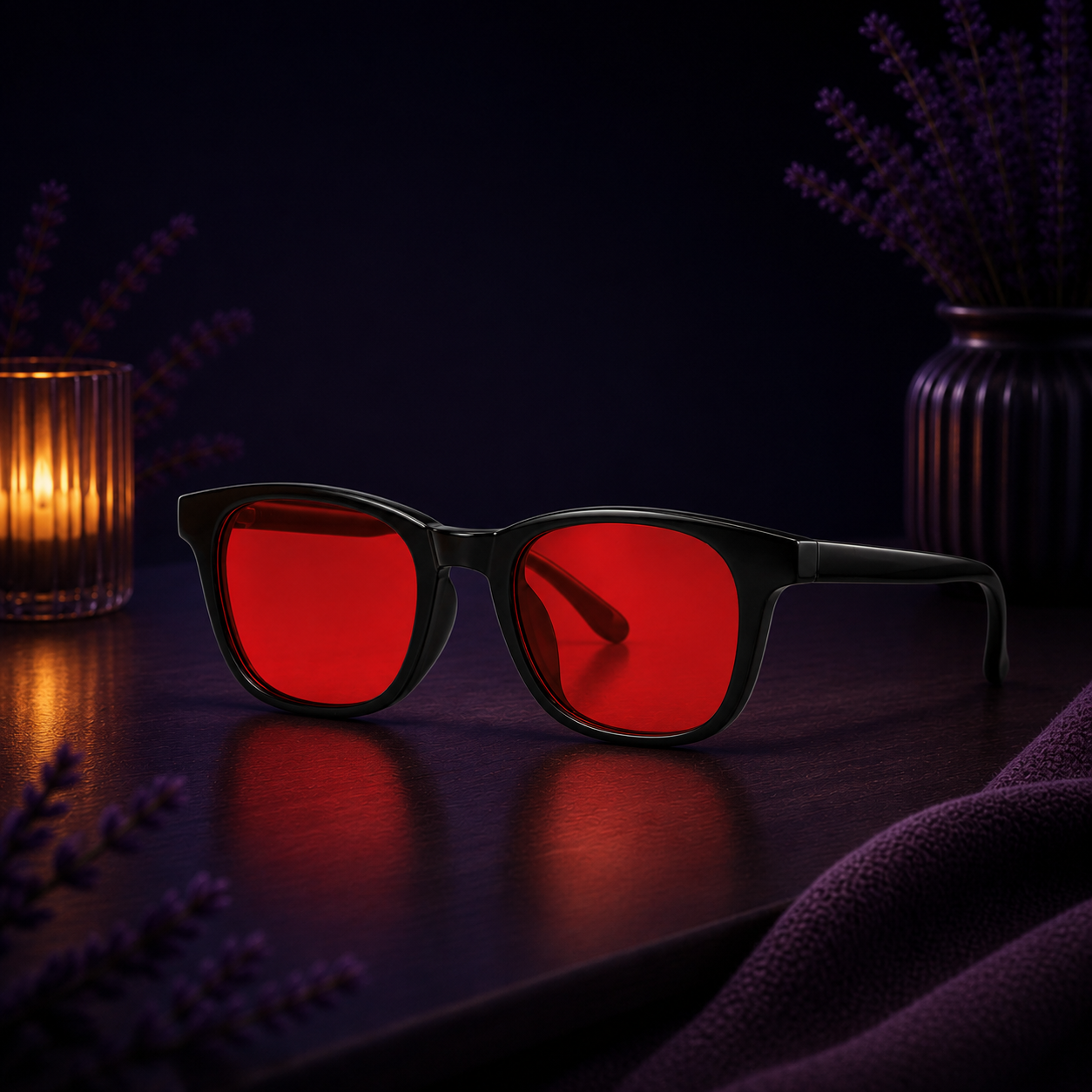 Deep Drift blue light blocking sleep glasses with red lenses in a calming night-time setting designed for evening screen use and bedtime routines