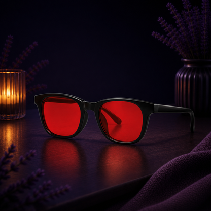 Deep Drift blue light blocking sleep glasses with red lenses in a calming night-time setting designed for evening screen use and bedtime routines
