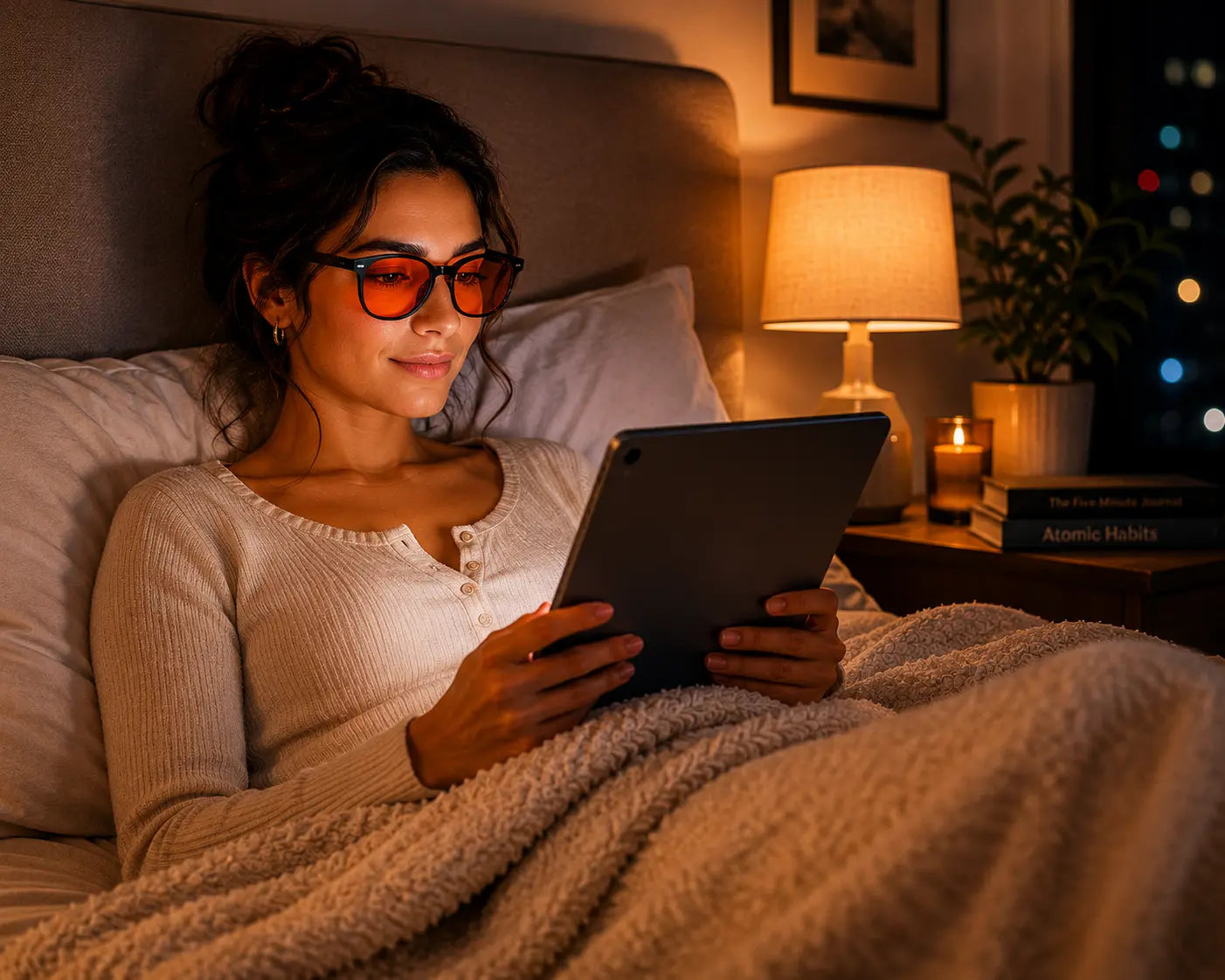 Woman wearing Deep Drift blue light blocking sleep glasses while using a tablet in bed at night, with warm ambient bedroom lighting and a relaxing bedtime routine.