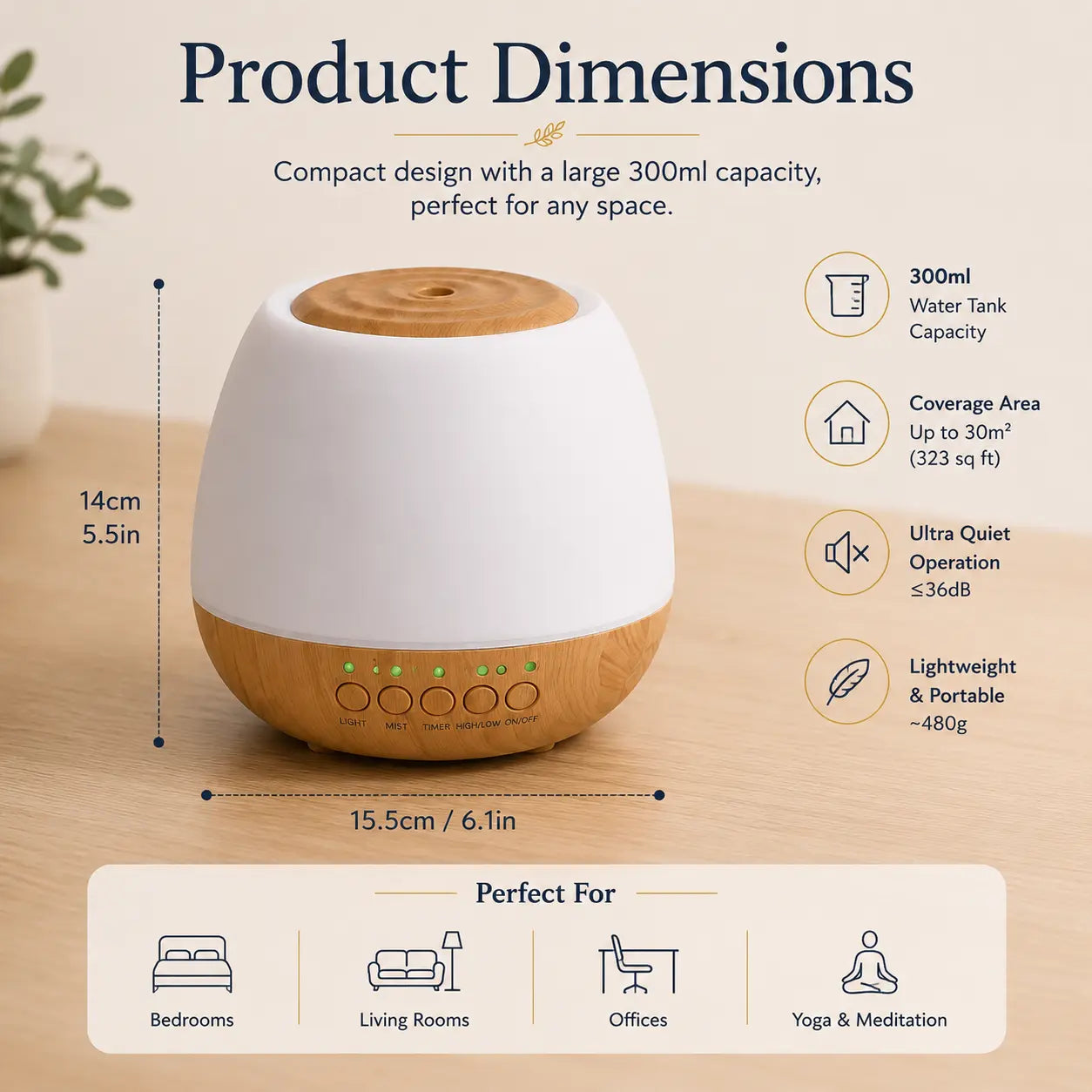 Deep Drift Calm Diffuser 300ml product dimensions infographic showing height, width, water tank capacity, coverage area and ultra-quiet aromatherapy features