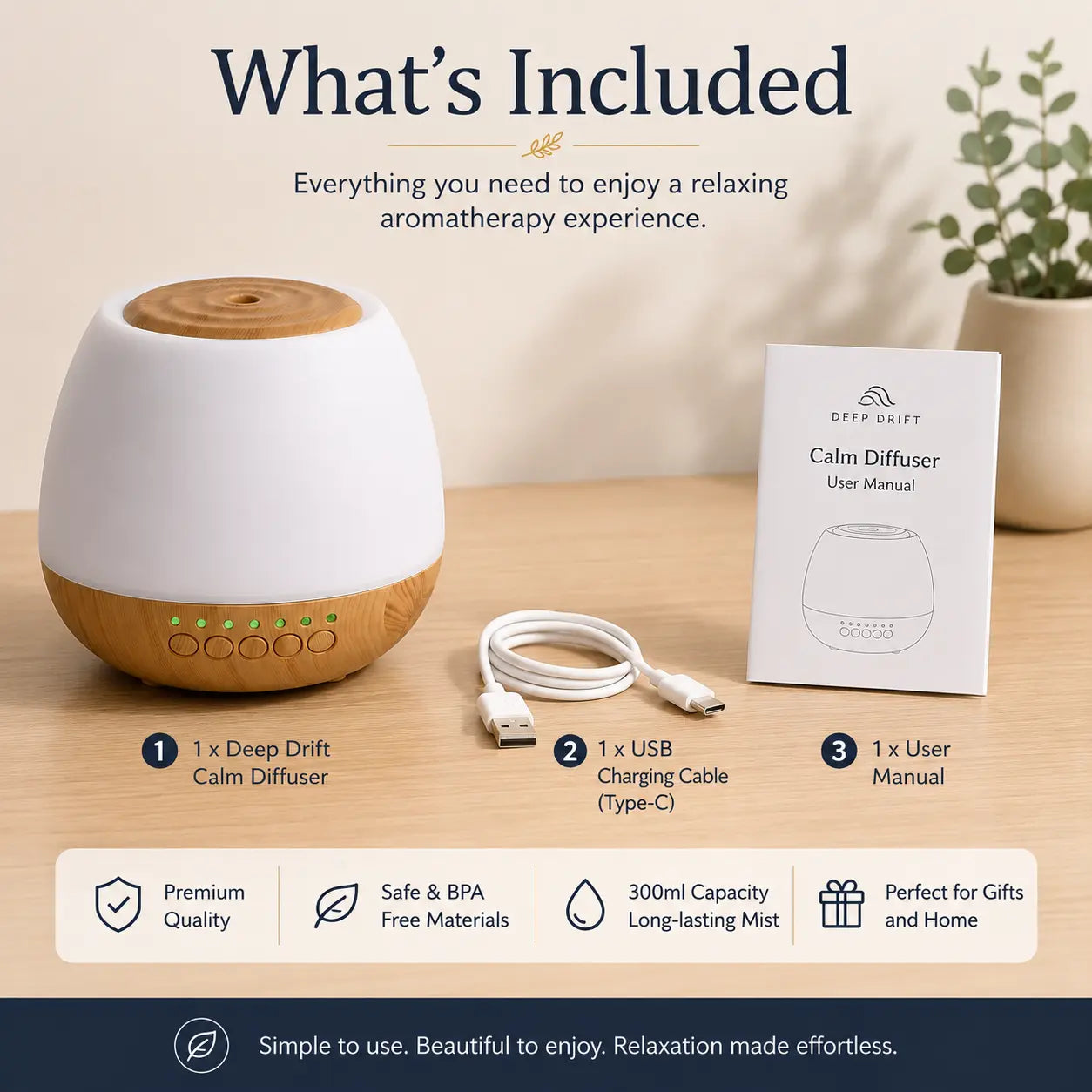 Deep Drift Calm Diffuser 300ml with USB charging cable and user manual displayed on a wooden surface in a clean lifestyle setup.