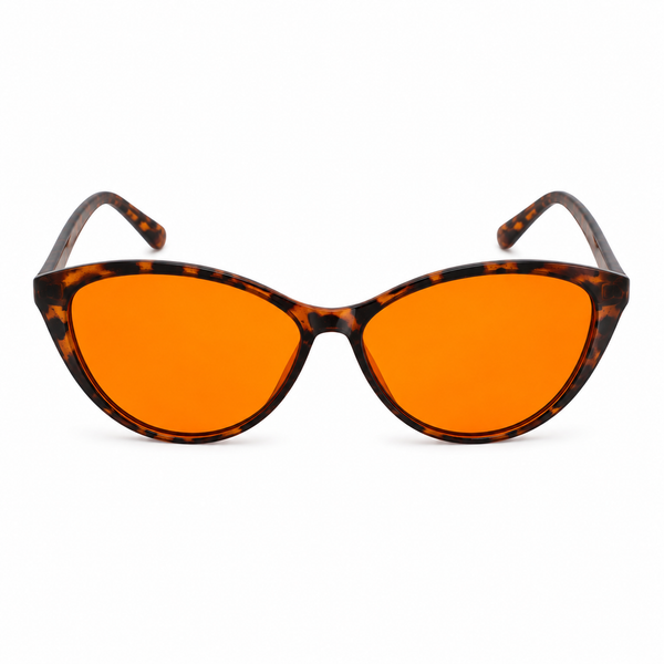 Deep Drift cat eye blue light blocking sleep glasses with orange lenses and tortoiseshell frame designed for evening screen use and night-time routines