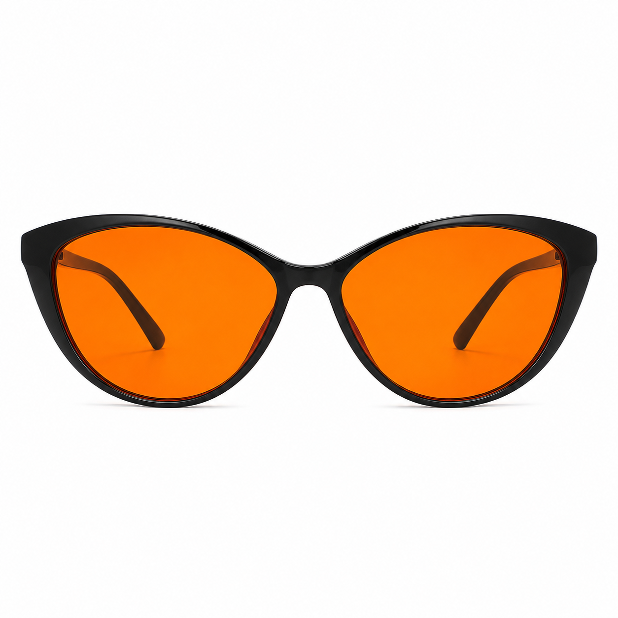 Deep Drift cat eye blue light blocking sleep glasses with orange lenses and black frame designed for evening screen use and night time routines