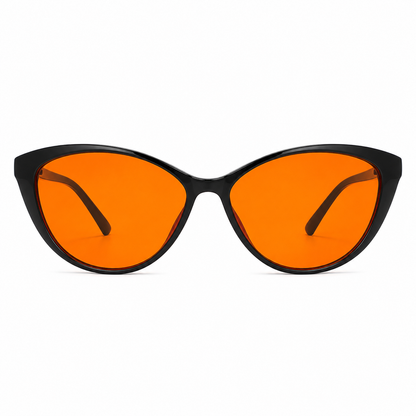Deep Drift cat eye blue light blocking sleep glasses with orange lenses and black frame designed for evening screen use and night time routines