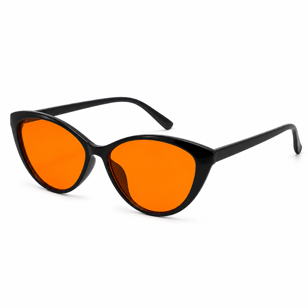Angled view of Deep Drift cat eye blue light blocking sleep glasses with orange lenses and black frame for evening screen use and night time routines