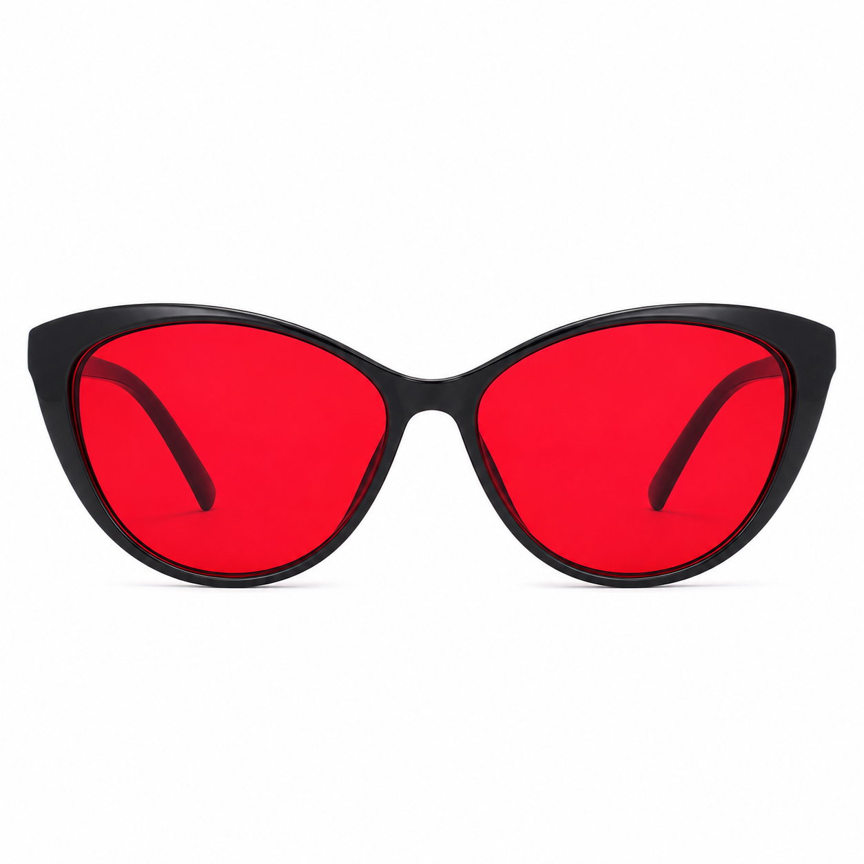 Deep Drift cat eye blue light blocking sleep glasses with red lenses and black frame designed for evening screen use and night time routines