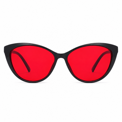 Deep Drift cat eye blue light blocking sleep glasses with red lenses and black frame designed for evening screen use and night time routines