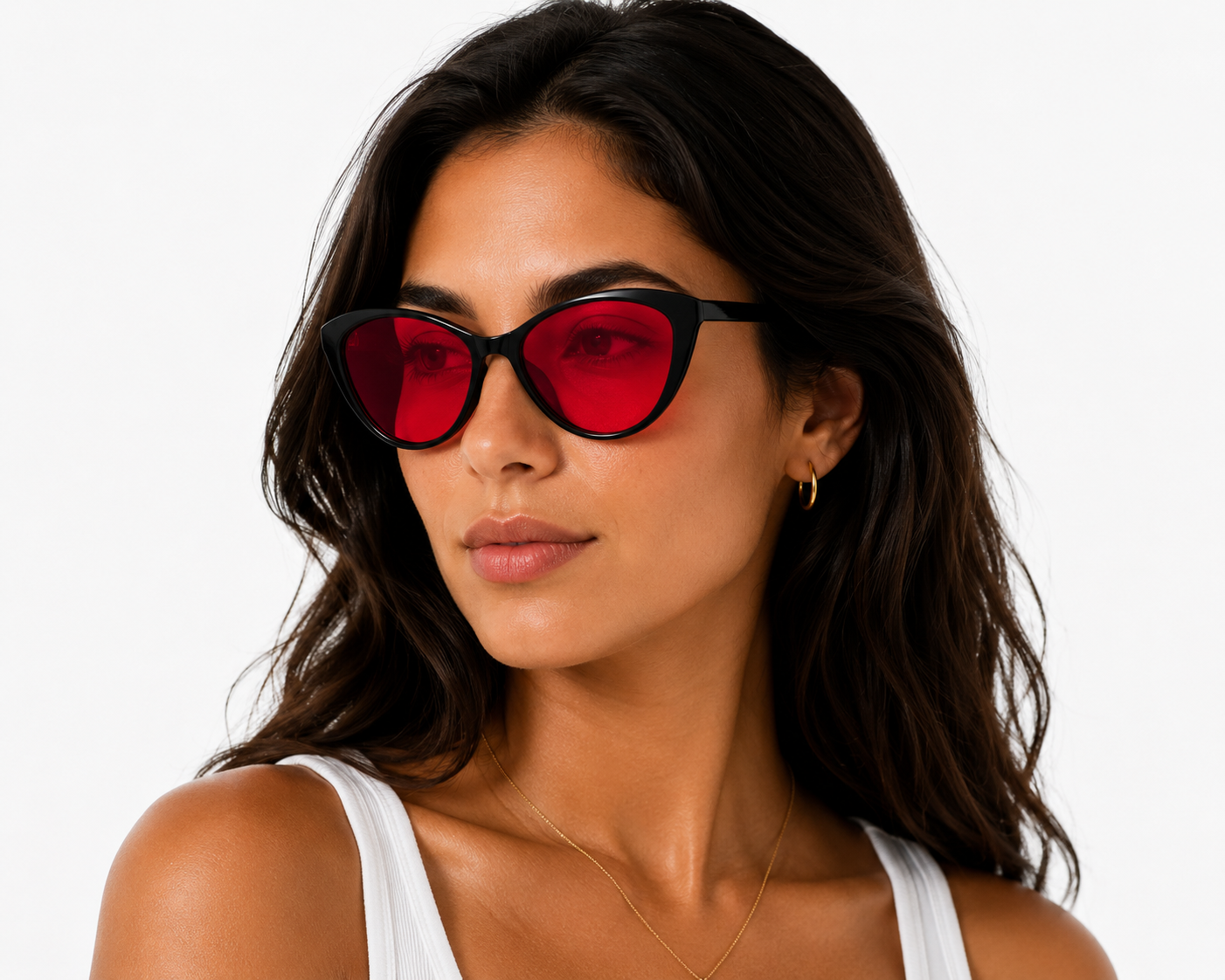 Woman wearing Deep Drift cat eye blue light blocking sleep glasses with red lenses designed for evening screen use and night time routines