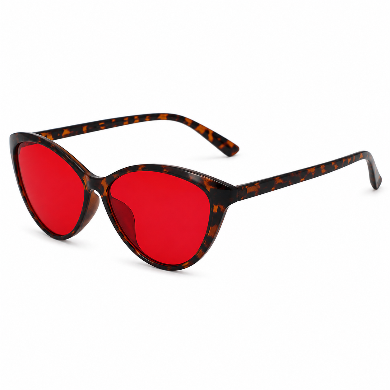 Angled view of Deep Drift cat eye blue light blocking sleep glasses with red lenses and tortoiseshell frame for evening screen use and night time routines