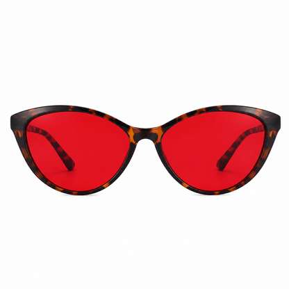 Deep Drift cat eye blue light blocking sleep glasses with red lenses and tortoiseshell frame designed for evening screen use and night time routines