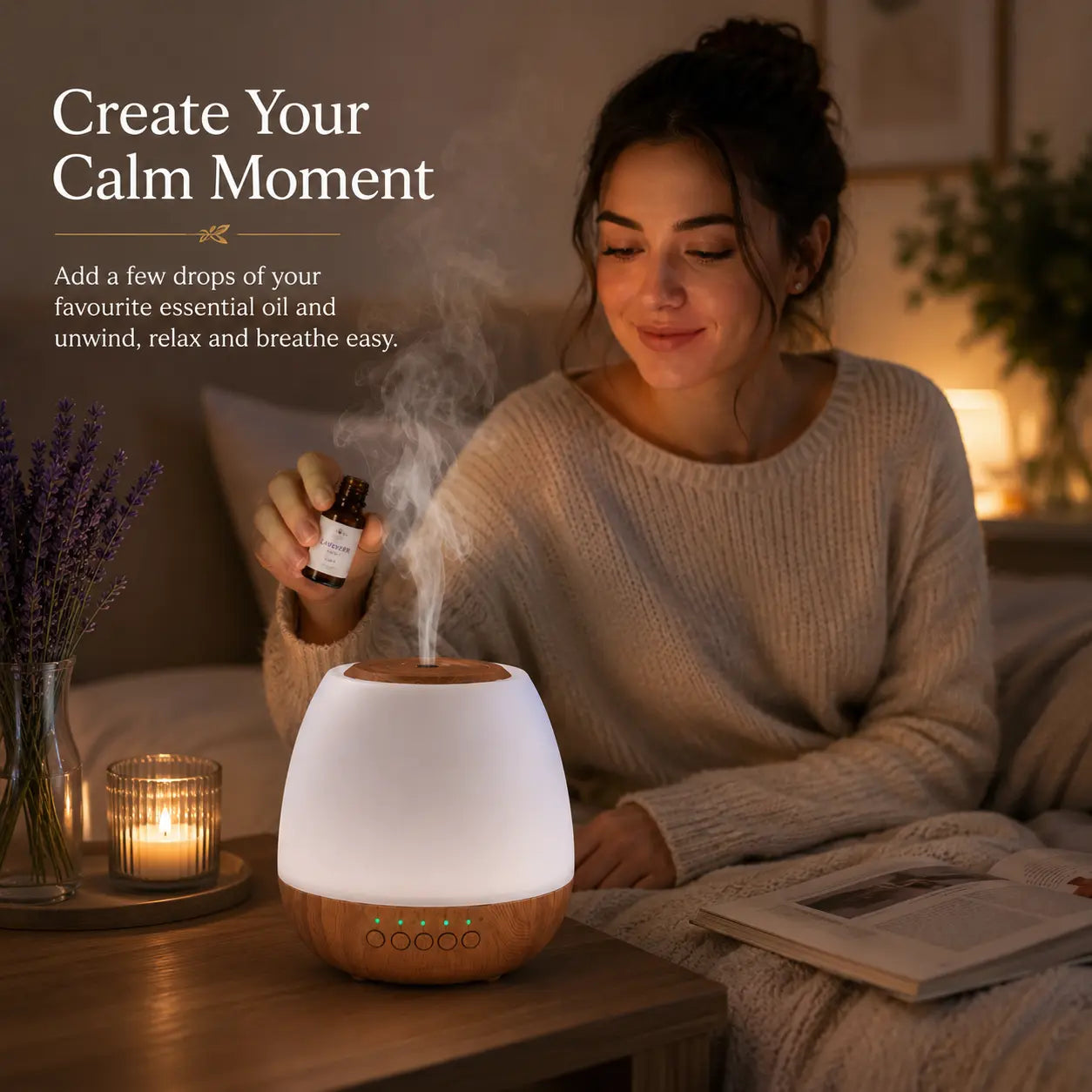 Woman adding essential oils to the Deep Drift aroma diffuser in a cosy bedroom to create a calming nighttime relaxation routine