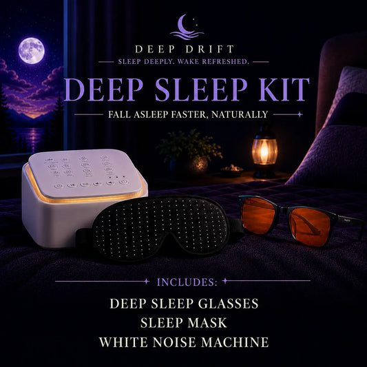 Deep Drift Deep Sleep Kit bundle featuring blue light blocking sleep glasses, black sleep mask and white noise machine in a relaxing nighttime bedroom setting for better sleep and bedtime routines