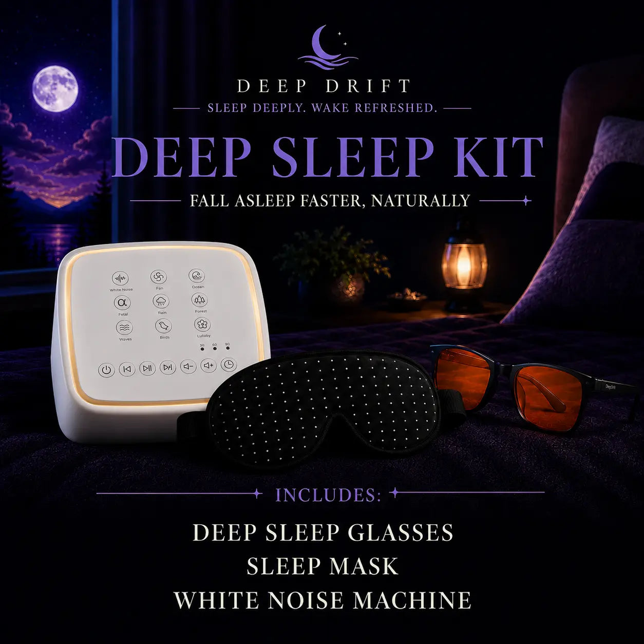 Deep Drift deep sleep kit bundle with blue light blocking glasses, black sleep mask, and white noise machine for relaxation and better sleep.
