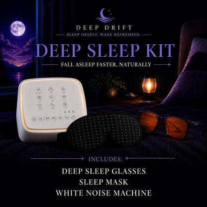 Deep Drift deep sleep kit bundle with blue light blocking glasses, black sleep mask, and white noise machine for relaxation and better sleep.