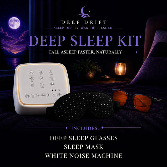 Deep Drift deep sleep kit bundle with blue light blocking glasses, black sleep mask, and white noise machine for relaxation and better sleep.