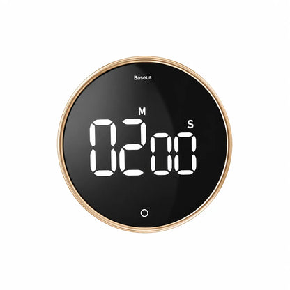 Deep Drift digital sleep timer with LED display and gold trim on a plain white background for bedroom sleep routine and relaxation setup