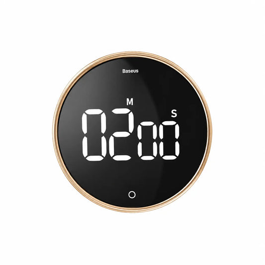 Deep Drift digital sleep timer with LED display and gold trim on a plain white background for bedroom sleep routine and relaxation setup
