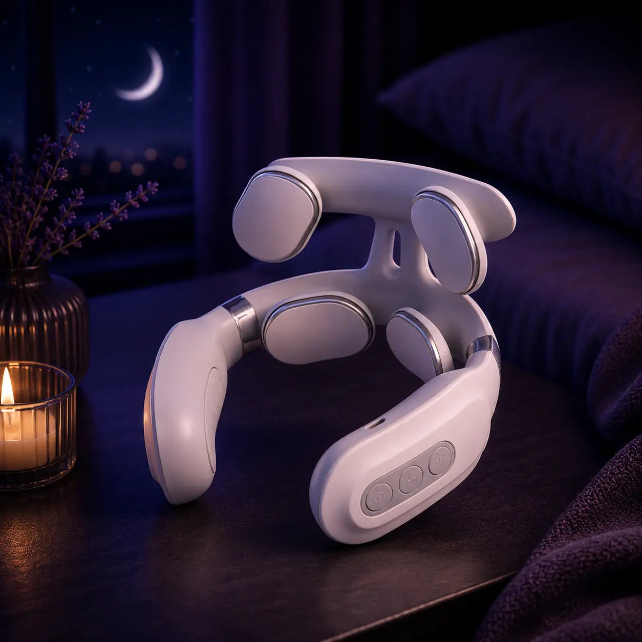 Deep Drift electric neck massager with heat and pulse therapy displayed on a bedside table in a calming nighttime bedroom setting.