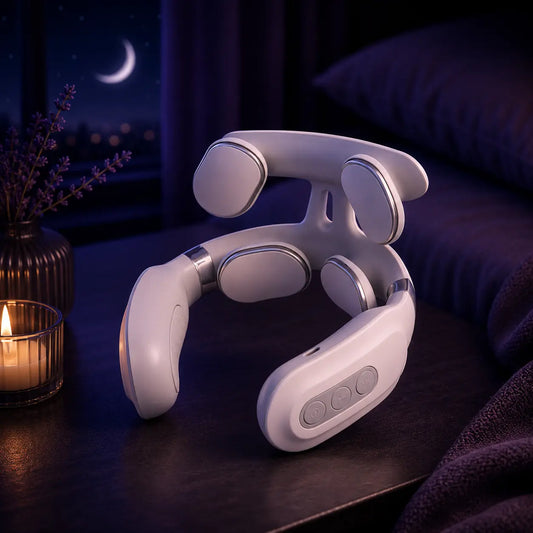 Deep Drift electric neck massager with heat and pulse therapy displayed on a bedside table in a calming nighttime bedroom setting.