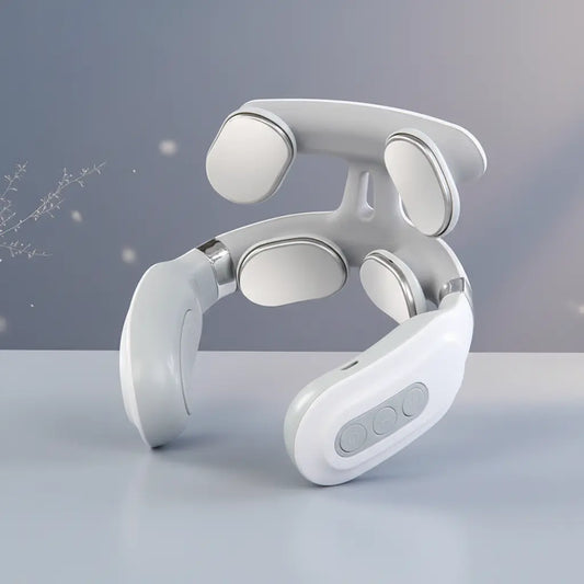White Deep Drift electric neck massager with heat and pulse therapy displayed on a clean light grey background