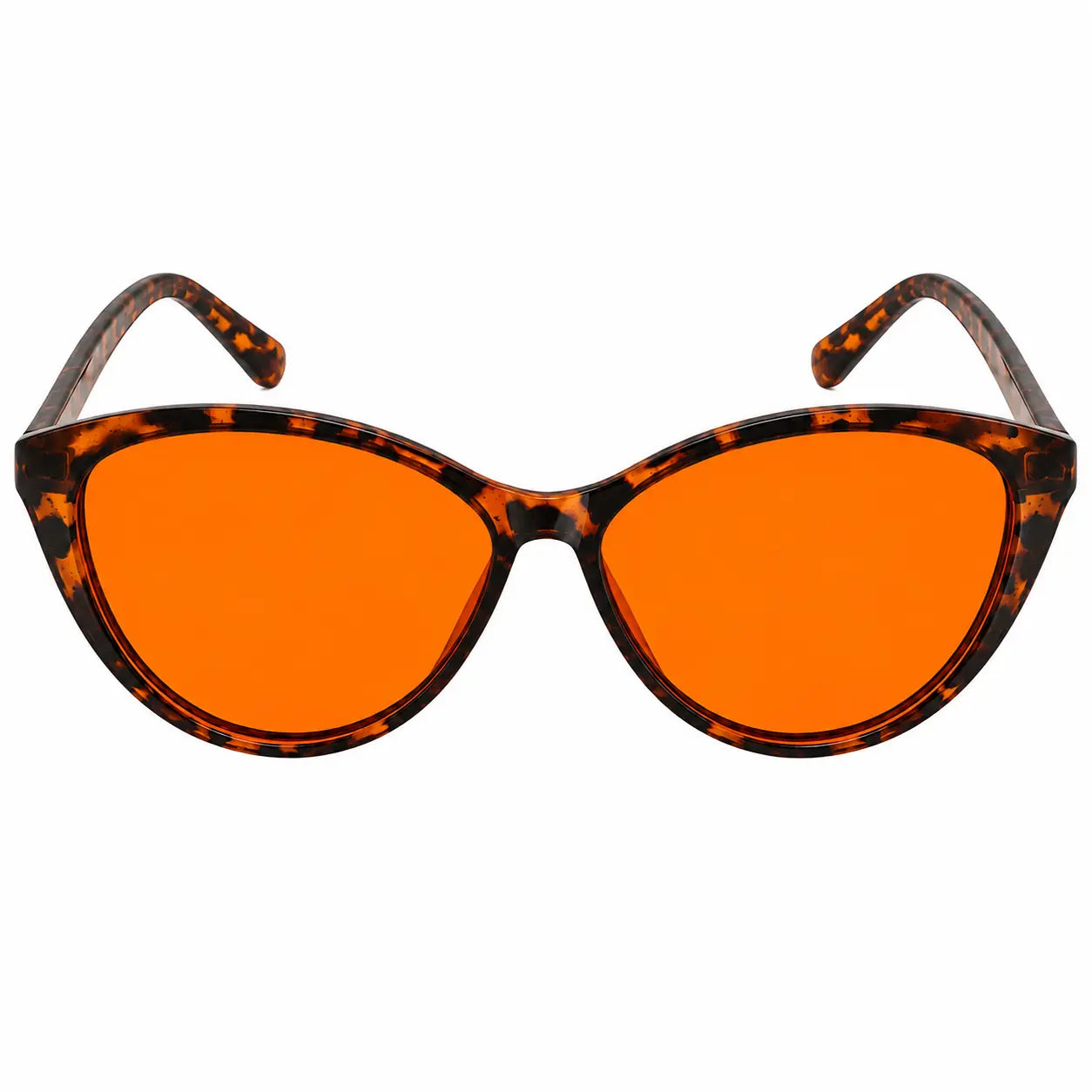 Deep Drift Ember Cat Eye sleep glasses with amber orange blue light blocking lenses and tortoiseshell frame on white background