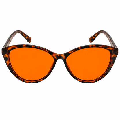 Deep Drift Ember Cat Eye sleep glasses with amber orange blue light blocking lenses and tortoiseshell frame on white background