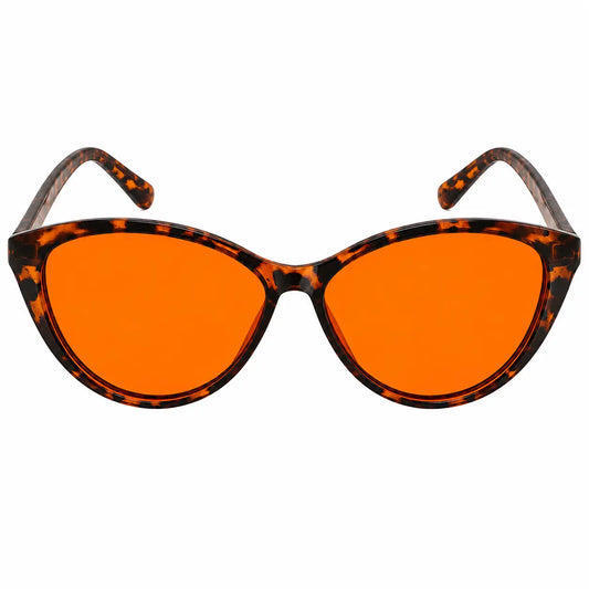 Deep Drift Ember Cat Eye sleep glasses with amber orange blue light blocking lenses and tortoiseshell frame on white background