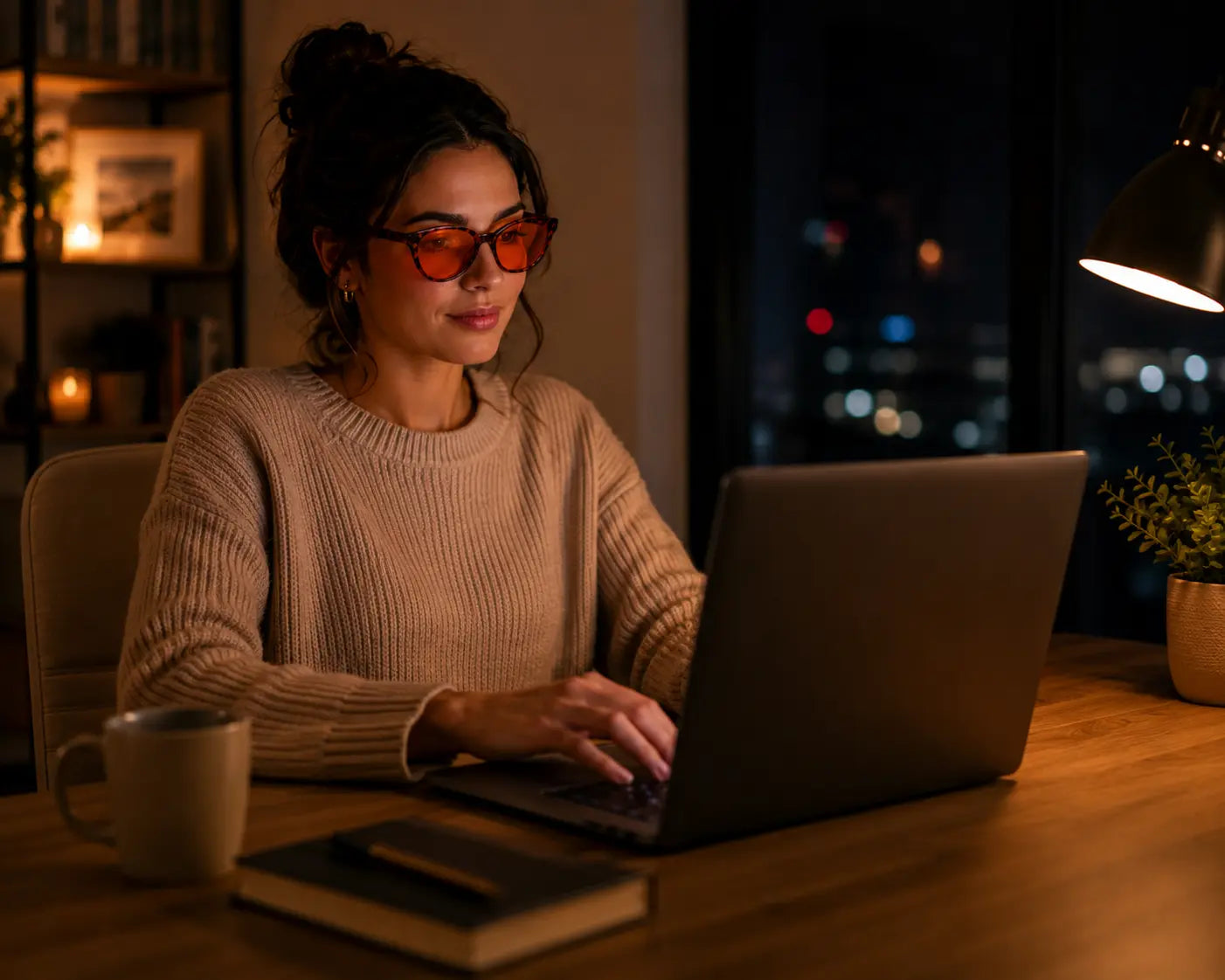 Woman wearing Deep Drift Ember Cat Eye sleep glasses while using a laptop at night in a warm, low-light workspace with amber blue light blocking lenses