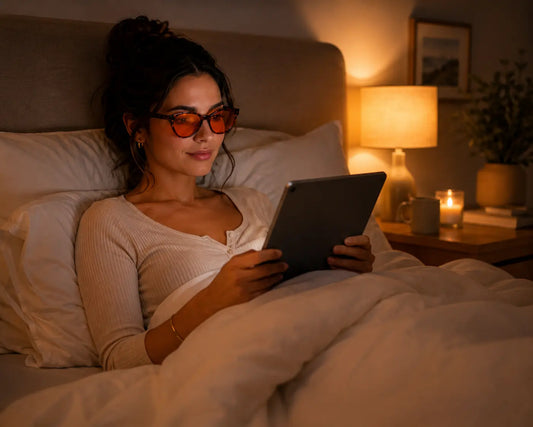Woman wearing Deep Drift Ember Cat Eye sleep glasses while using a tablet in bed at night with warm bedside lighting and a relaxing bedtime atmosphere