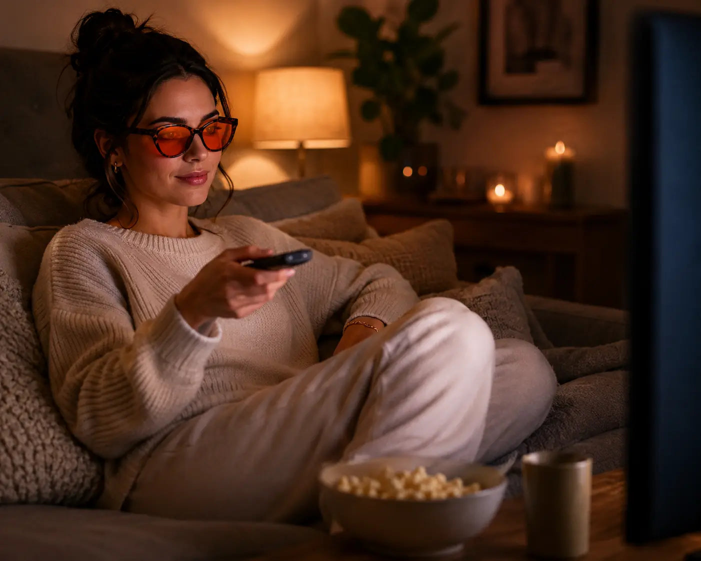 Woman wearing Deep Drift Ember Cat Eye sleep glasses watching television in a cosy living room at night with warm ambient lighting